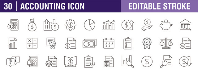 Collection of accounting icons. Financial, business, statement, calculator. Vector design template, signs, symbols, editable stroke.