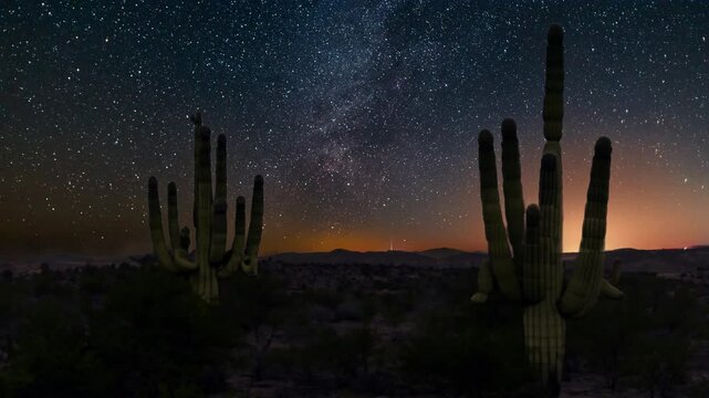 cactus in the desert with starry night sky and milky way