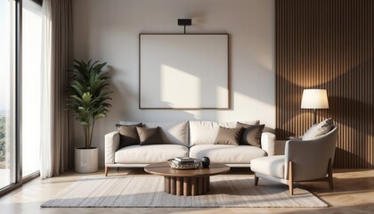 Fototapeta premium Bright living room with white sofa, neutral cushions, wooden accents, and greenery, blending modern minimalist and Scandinavian styles.