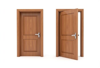 Fototapeta premium Stunning Visual of Two Brown Wooden Doors: An Open Door Symbolizing Opportunity and a Closed Door Representing Security on a White Canvas