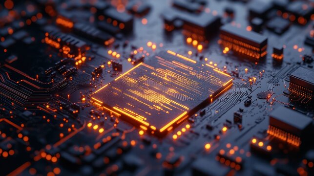 Glowing CPU chip with code on circuit board.