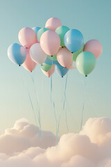 Fototapeta premium a minimal style balloon of pastel hues floating on white clouds