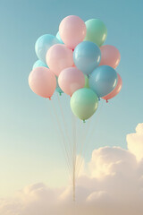 a minimal style balloon of pastel hues floating on white clouds