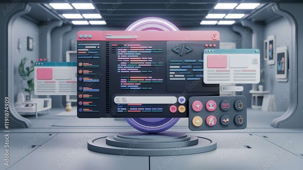 Wall mural futuristic coding interface, modern apartment background, software development concept