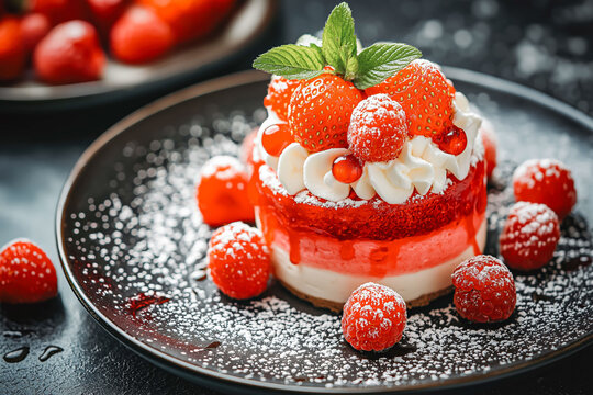 Delicious and delicate raspberry dessert with vanilla cream, strawberry and whipped cream. Selective focus.