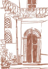 antique doors in italian town, travel sketch