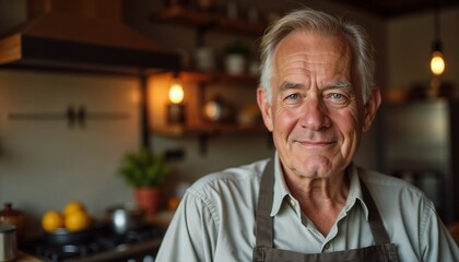 Smiling Elderly Chef in Apron in a Warm Kitchen Interior.Cooking Class Promotion, Recipe Blog Banner, Culinary Lifestyle.Experience. Passion. The Art of Culinary Joy and Sharing.


