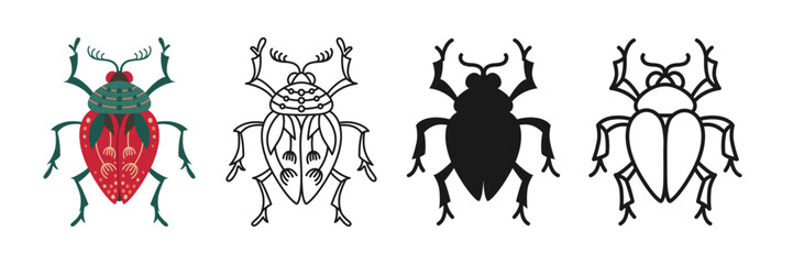 Beetles symbols cartoon set. Stylized bugs linear doodle icon. Abstract folk art insects flat hand drawn emblem collection. Sign simple cute funny shape insect. Vector isolated graphic illustration