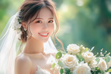 ウェディングドレスを着た笑顔が可愛い若い日本人の女性
