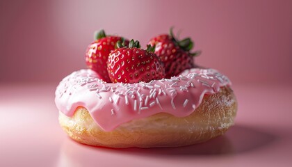 A pink frosted donut with white sprinkles topped with three fresh strawberries.
