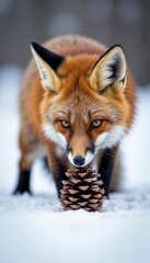 Fototapeta premium Red fox standing on snow with pinecone in focus, winter wildlife.Confidence. Adaptation. The grace of wild resilience.wildlife theme, nature promotion, winter poster.Red Fox on Snow with Pinecone