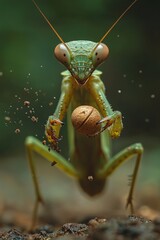 Praying mantis holds sphere, dirt flies.