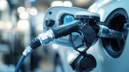 A close-up of a robotic arm fueling a hydrogen car in a next-generation fuel station