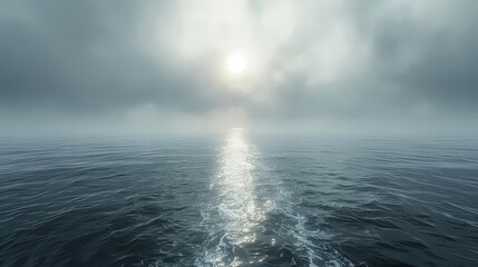 A serene ocean scene with a hazy sun and reflective water, evoking tranquility.