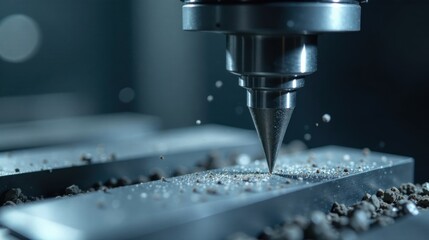 Precision Machining Close-up of a milling machine's cutting tool precisely working on a metallic surface, creating a shower of metallic particles