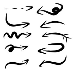 Hand drawn arrow vector icons set. Sketch arrow design for business plan and education. Set of arrows black icons. Circle arrows, rotate arrow, redo process symbol.