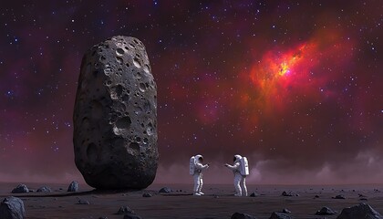 Astronauts Exploring Mysterious Alien Planet with Giant Rock Formation under Red Nebula Sky