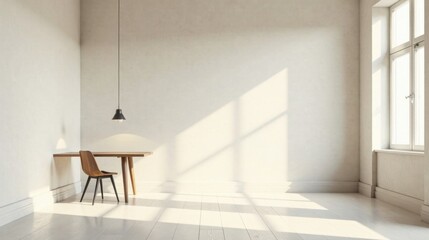 Sunlight streams into a minimalist room, illuminating a simple wooden desk and chair, creating a serene and calming atmosphere.