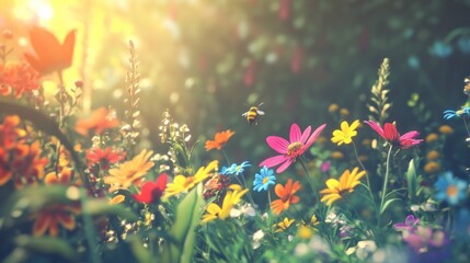 Fototapeta premium Vibrant wildflowers bathed in golden sunlight, a bee in flight.