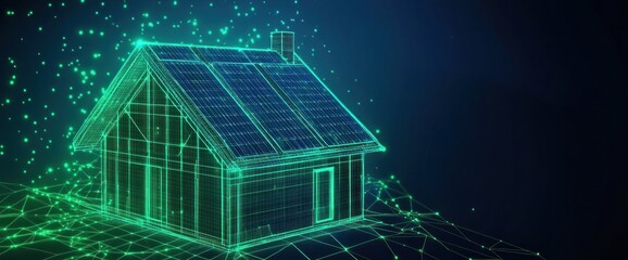 Wireframe House with Solar Panels and a Network
