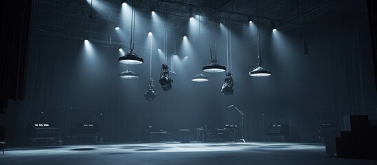 Dark stage with hanging lights and musical equipment.