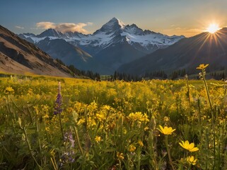 Fototapeta premium Majestic Sunset Mountain Meadow Wildflowers