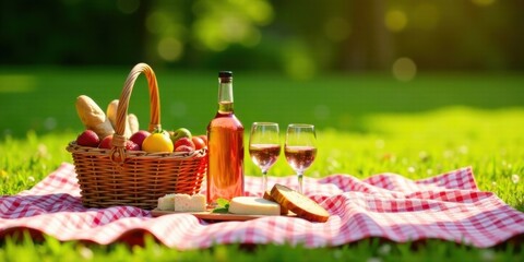 A delightful picnic basket filled with fresh fruit, bread, and cheese, accompanied by a bottle of ros? and two glasses, all set upon a vibrant red and white checkered blanket in a sun-drenched park