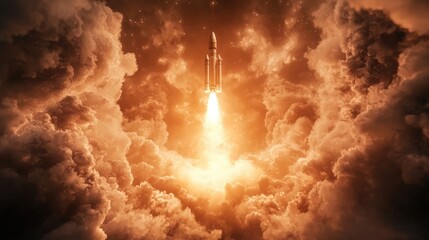Fototapeta premium A rocket launches through fiery clouds, illuminating the sky with bright orange flames, symbolizing exploration and the power of technology.