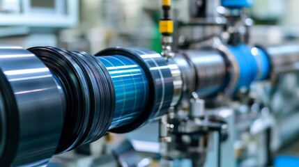 Fototapeta premium Close-Up of Advanced Industrial Machinery Component with Rotating Metal Parts and Blue Elements in a Modern Factory Environment