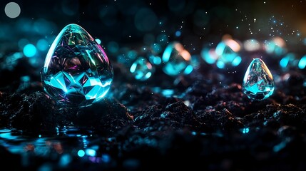 glowing teal gemstones on dark rock - dark fantasy/mystical themes