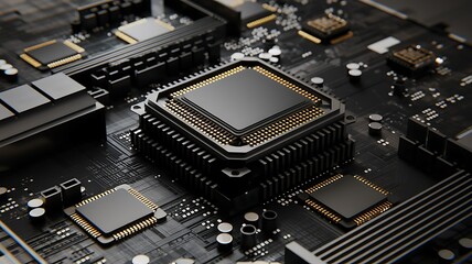 Central processing unit, circuit board, technology, close-up, dark background, tech illustration
