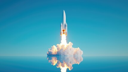 A rocket launches into a clear blue sky, leaving a trail of smoke and fire, symbolizing innovation and exploration.
