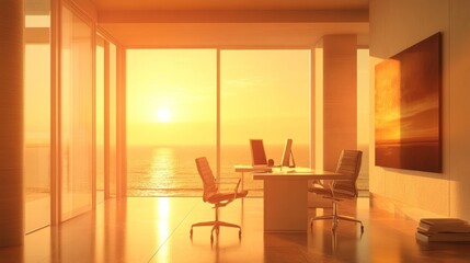 Fototapeta premium Sunset view from modern office with ocean view.