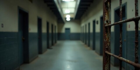 A Long, Dark Correctional Facility Corridor with Rusted Metal Bars and Closed Doors