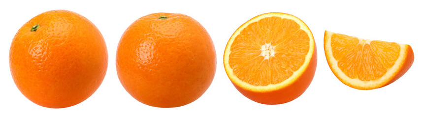 Orange fruit, half and slices isolated, Orange fruit macro studio photo, transparent PNG, collection, PNG format, cut out