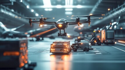 Fototapeta premium Drone delivering package at night cargo facility.