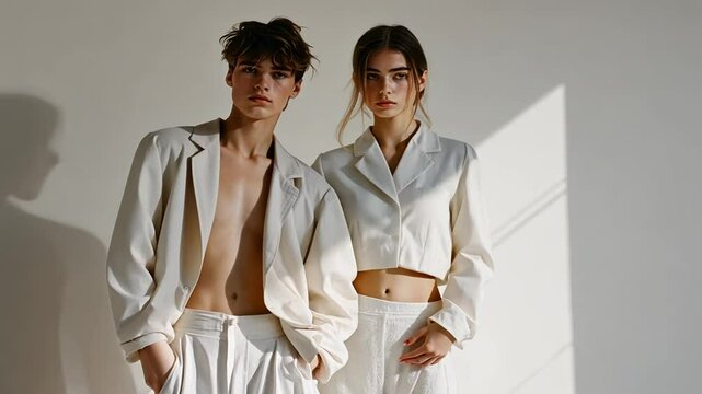 Young couple in beige suits, posing against a light wall.