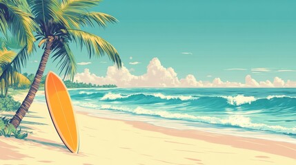 Tropical beach scene with surfboard under palm tree.