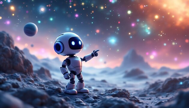 Robot exploring alien planet, starry sky background, futuristic adventure, science fiction illustration