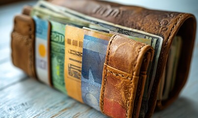 Leather wallet overflowing with various banknotes.