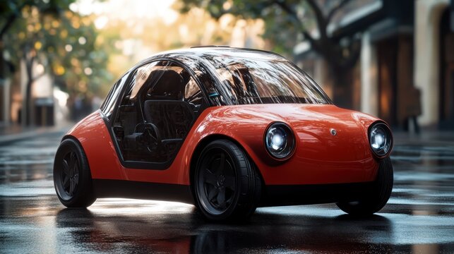 A futuristic hydrogen-powered microcar with customizable parts, showcased in a virtual showroom
