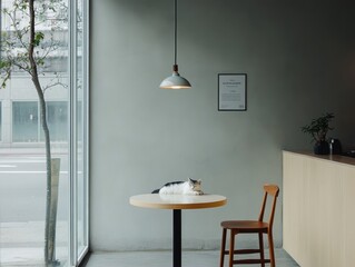 Cozy cafe interior with a cat lounging on a round table