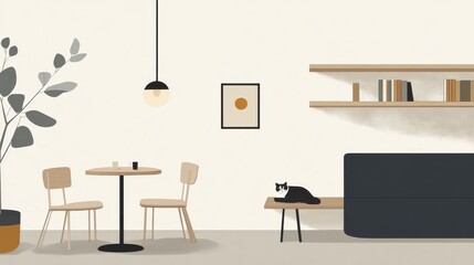 Cozy Minimalist Room with Cat and Simple Furniture Decor