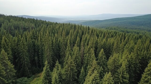 Aerial View of a Lush Evergreen Forest in Mountainous Terrain
