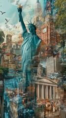Obraz premium A dreamlike or painting collage banner of famous travel destinations in America.
