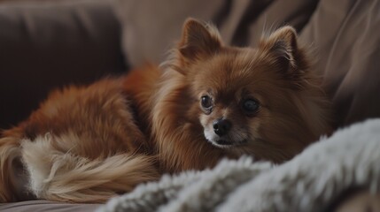 Adorable Pomeranian with fluffy white fur, bright eyes, and a perky tail, looking charming and cute. A lovely small - breed dog.