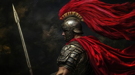 Dramatic gladiator portrait, detailed armor with a flowing red plume, spear held firmly.