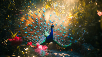 A peacock is displayed with its tail feathers fanned out in vibrant blues and greens, surrounded by soft sunlight and blooming foliage. 