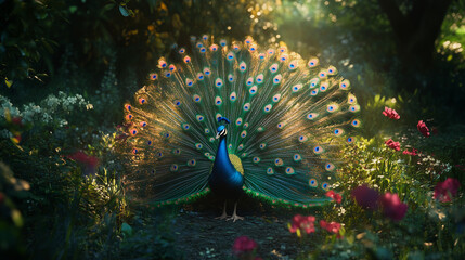 Obraz premium A vibrant peacock stands amidst a sunlit garden, its tail feathers fully displayed.