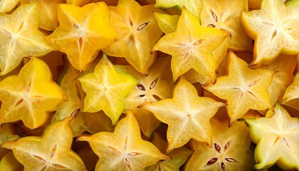 Fototapeta premium Flat Lay Top View of Bright Ripe Fragrant Yellow Starfruit Fruit as Background